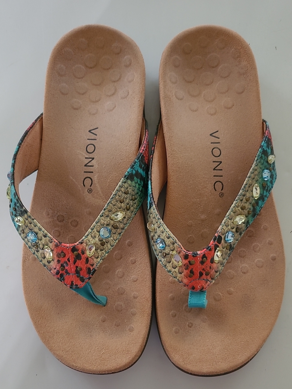 Vionic Multicolor Jeweled Snakeskin-Print Thong Sandals